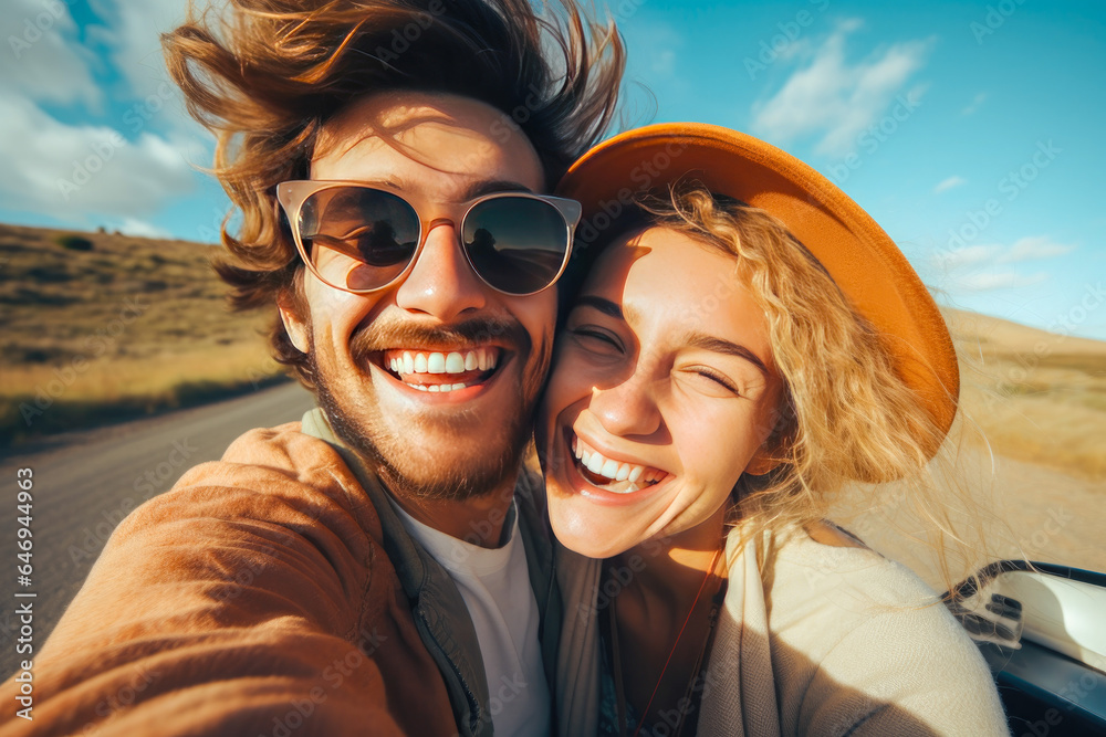 Couple capturing a stylish selfie while embracing wanderlust on a road trip adventure Couple capturing a stylish selfie while embracing wanderlust on a road trip adventure