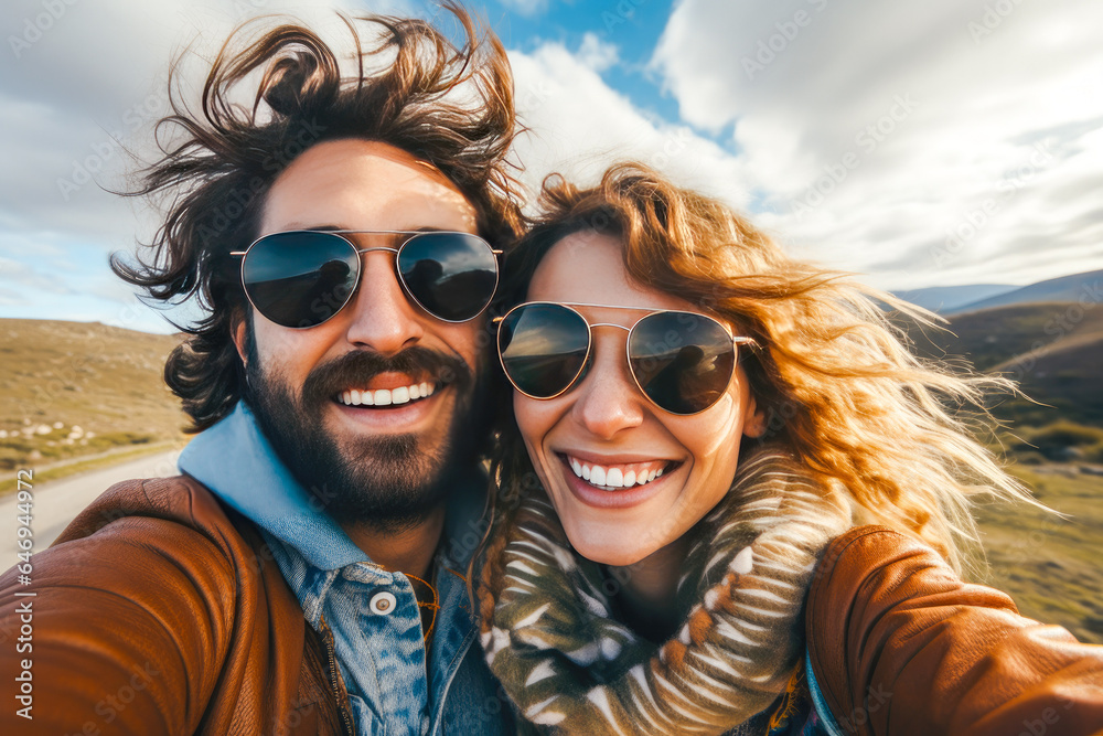 Couple capturing a stylish selfie while embracing wanderlust on a road trip adventure Couple capturing a stylish selfie while embracing wanderlust on a road trip adventure