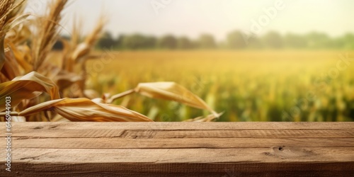 The empty wooden brown table top with blur background of corn field. Generative AI image AIG30.