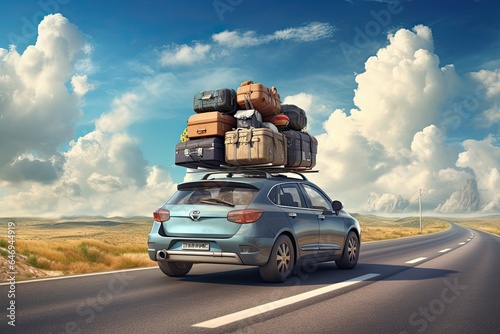 Blue car with luggage on the roof rack. Travel, vacation concepts.