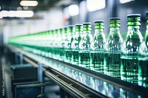 Empty glass bottles on a conveyor belt. Bottles on a conveyor belt at a bottling plant