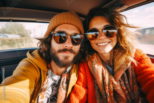 An artsy couple wearing sunglasses, capturing a stylish selfie while embracing wanderlust on a road trip adventure