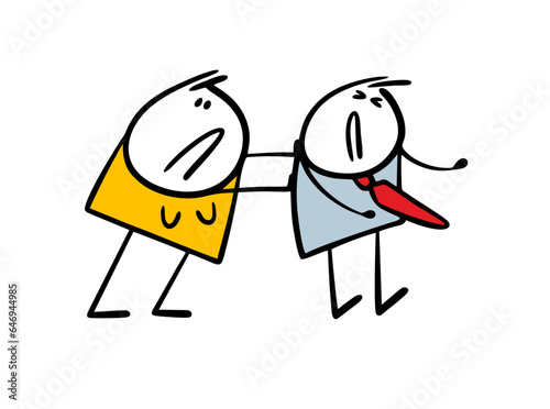 Disgruntled wife pushes her lazy husband to work in the office. Vector illustration of a sad businessman rests, resists, does not want to go to the boss.