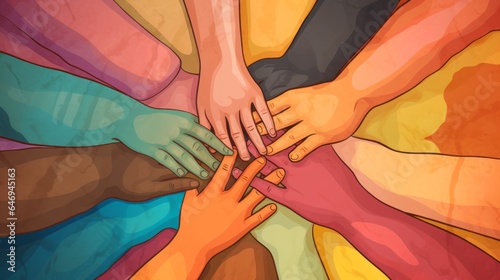 group of hands together to show equality and unity between genders and ethnicities photo