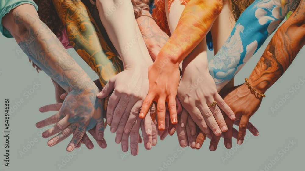 group of hands together to show equality and unity between genders and ethnicities - obrazy, fototapety, plakaty 