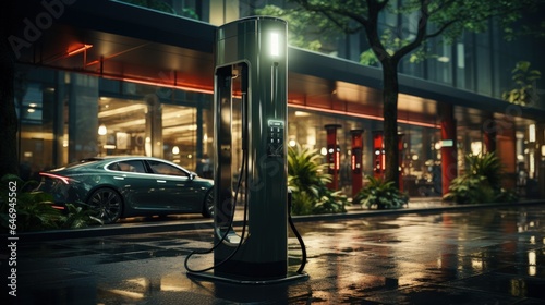 Car charger. In the background at night there is an electric car in front of the building