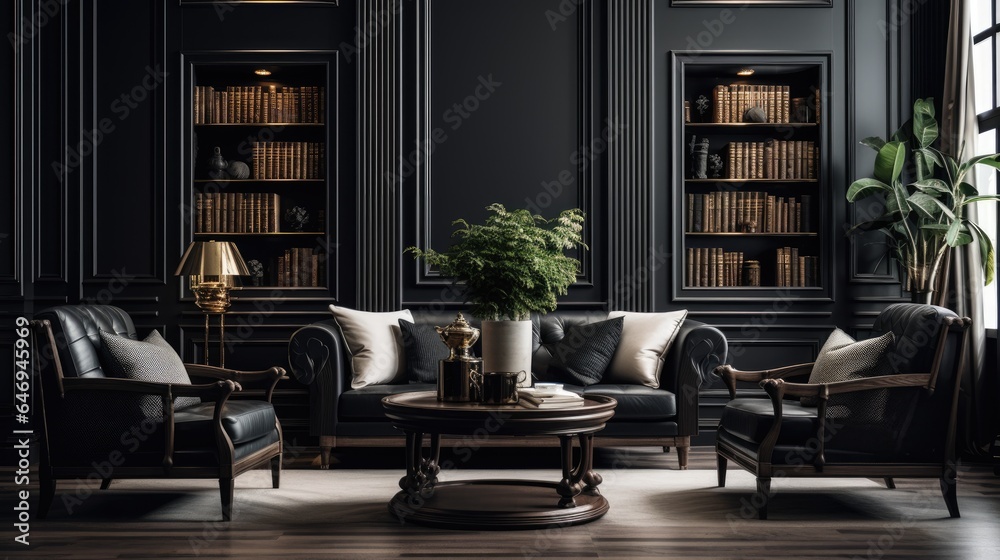 Classic black interior with armchairs and coffee table. Classic black interior with armchairs and coffee table.