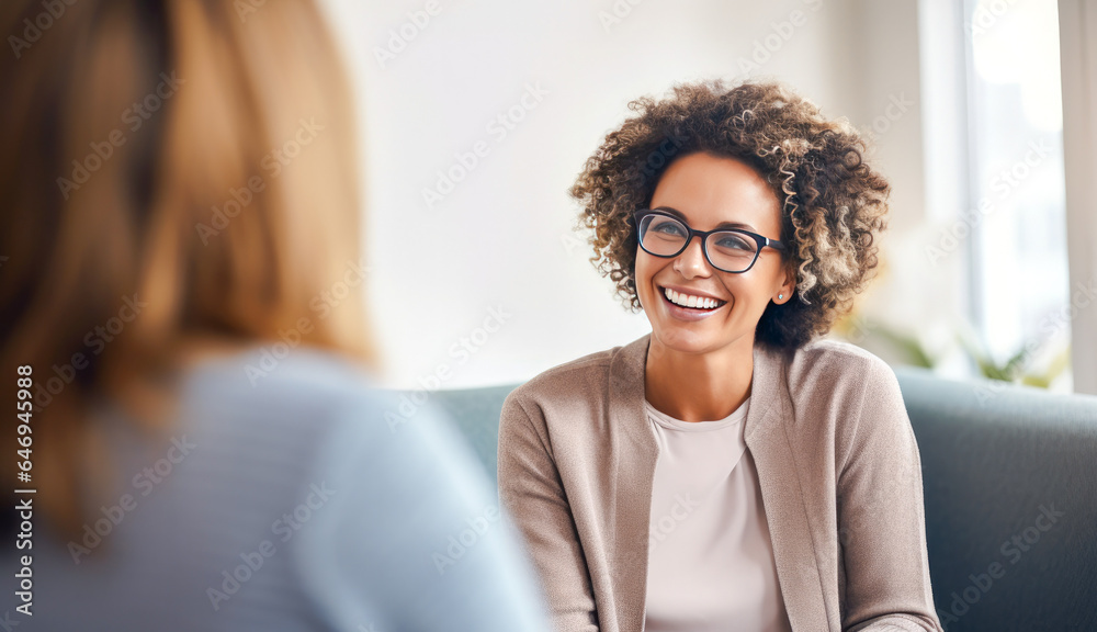 A female counselor demonstrating empathy during a breakthrough session with a client, highlighting the importance of mental health support and therapeutic communication - obrazy, fototapety, plakaty 