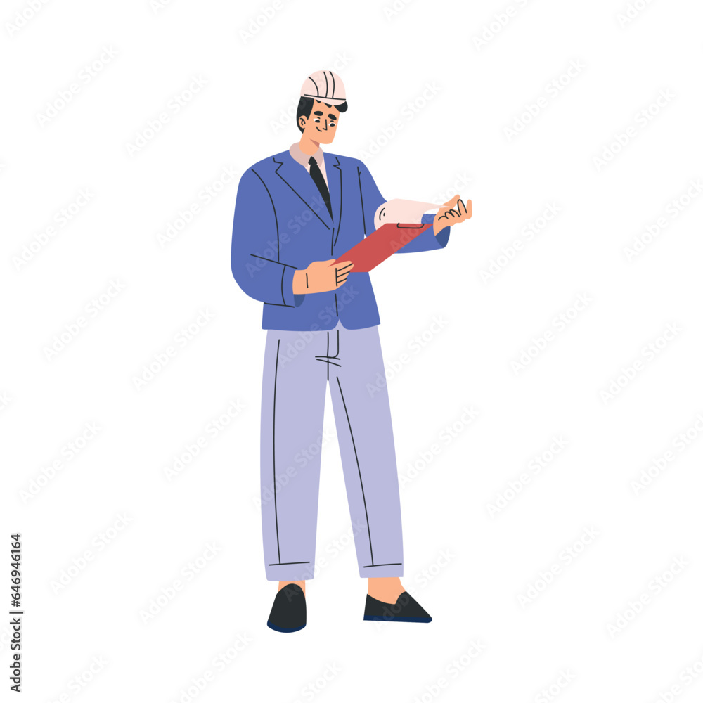 Labour Day with Happy Man Engineer in Helmet with Clipboard Standing Vector Illustration