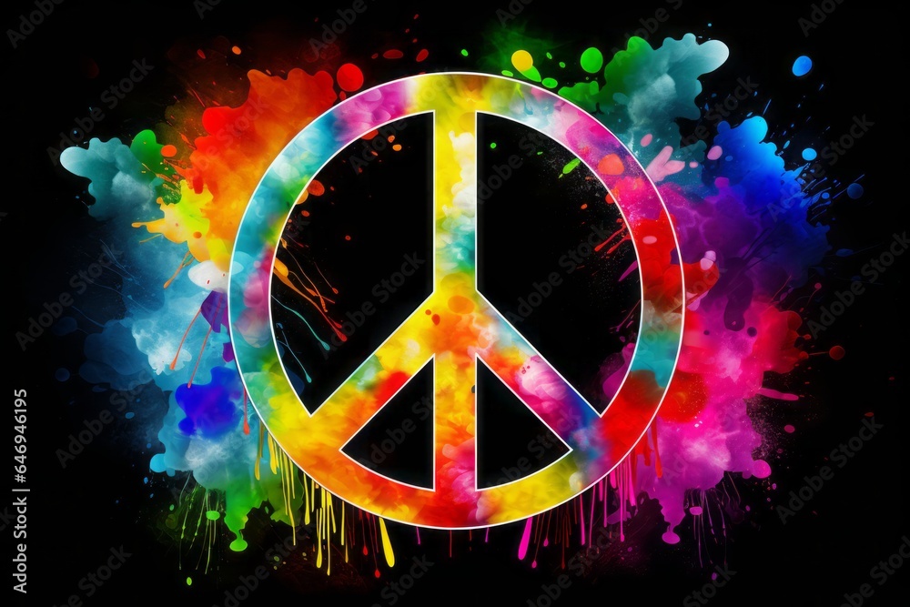 A Peace Sign with Vibrant Rainbow Watercolor Splashes, an Artistic