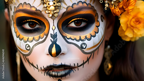 Close up woman with makeup representative of day of the dead, Catrina