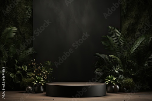 3d rendering of a dark stone green natural product showcase luxury podium stage background mockup