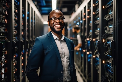 Young smiling African American man stands in the middle of a server room. Collection and storage of large amounts of data. Checks the operation of servers and automation.
