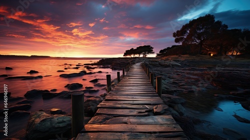 A long wooden walkway leading to the ocean at sunset