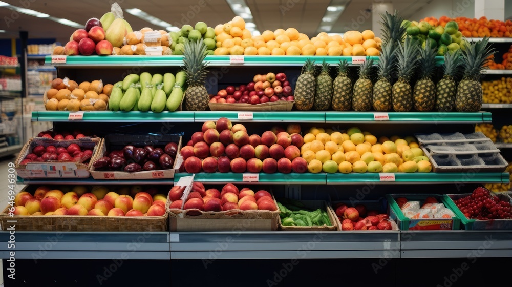 Fruits in the refrigerated shelf of a supermarket. Generative AI
