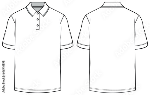 Men's polo collar T Shirt flat sketch fashion illustration drawing template mock up with front and back view. photo