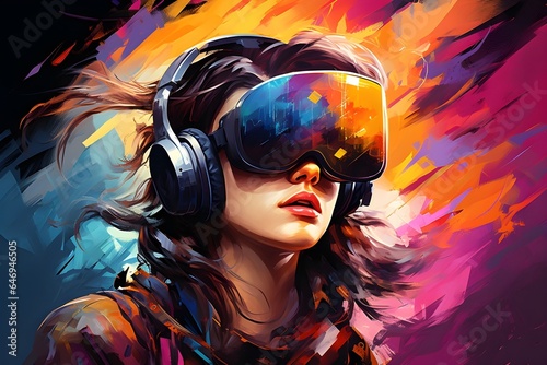 Enthusiastic young woman wearing VR goggles in the metaverse. Metaverse concept and virtual world elements. Illustration of a woman with VR glasses in cyberspace. Generative AI