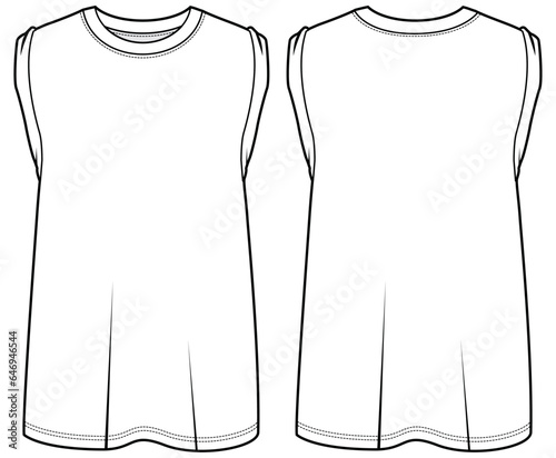 Men's sleeveless T Shirt vest flat sketch fashion illustration drawing template mock up with front and back view. Tank top cad drawing template
