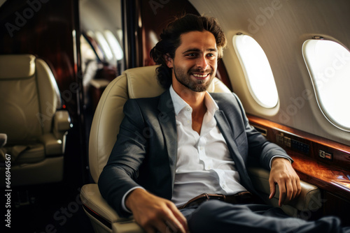 A young executive entrepreneur radiates success as he sits in a private jet. The scene epitomizes luxury travel and elite wealth, highlighting the pinnacle of business achievement.