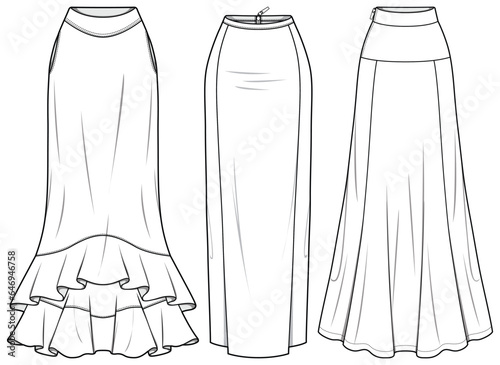 Women Column Skirt flat sketch vector illustration, Set of womens long Full length skirt for casual wear fashion technical drawing vector template mock up