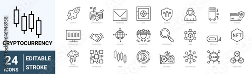 set of 24 line web icons Cryptocurrency economy. Blockchain package. Bitcoin, NFT. Collection of Outline Icons. Vector illustration.
