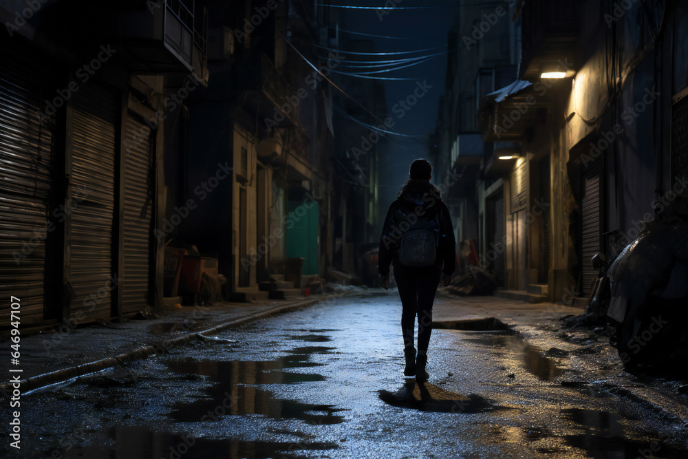 Young Woman walking alone in the street, at night, dark, slum, bad neighbourhood, dangerous