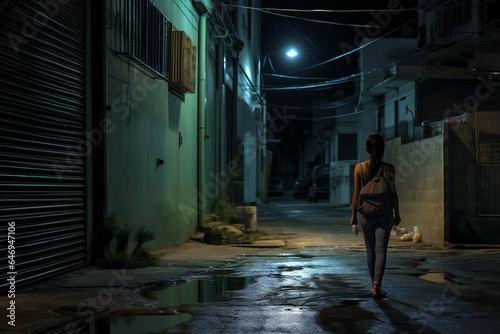 Young Woman walking alone in the street  at night  dark  slum  bad neighbourhood  dangerous  Brazil  Rio