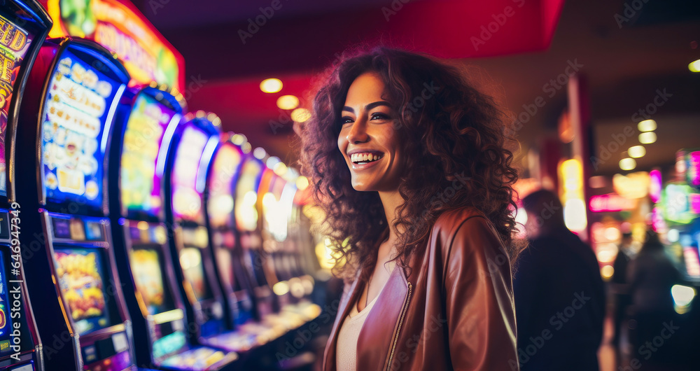 Happy young woman smiling and posing near slot machines in a casino