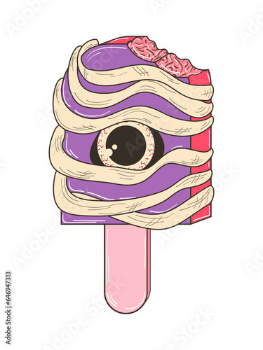 Ice cream with eye and brain filling for Halloween. Vector flat illustration in retro style. A festive Halloween snack with a psychedelic twist.