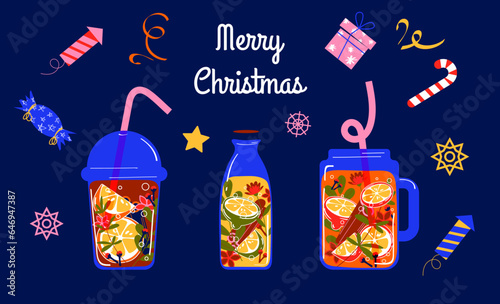 Set of New Year's drinks. Winter drinks with lemon and other citruses in a glass, can and bottle. Vector illustration in flat style.