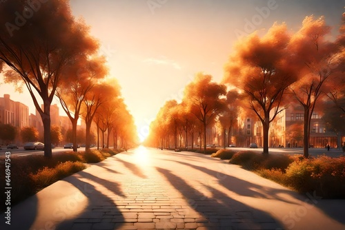 Wallpaper Mural 3D rendering of an urban boulevard lined with trees, bathed in the warm colors of a beautiful sunset