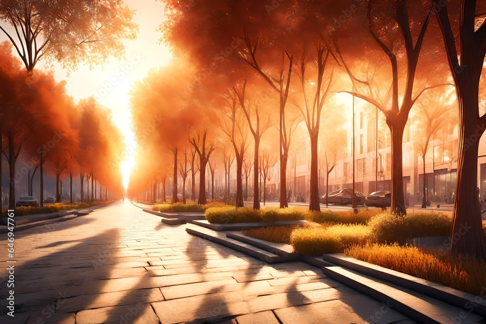  3D rendering of a scenic road winding through a dense forest at sunset. Showcase the interplay of golden sunlight, towering trees, and the road disappearing into the horizon