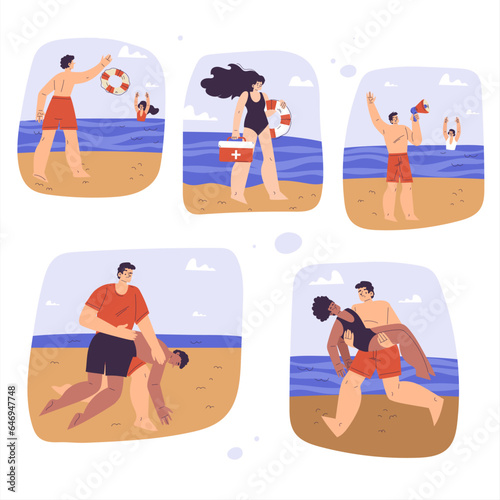 Beach Lifeguard Man and Woman Character Supervising and Rescue Vector Set