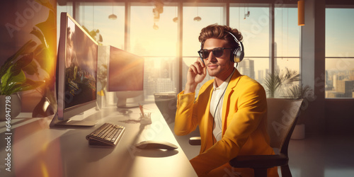A salesman in a bright yellow jacket, a shiny hyper-modern office, answers a phone call in a headset with the microphone turned on, sits at a neat office desk