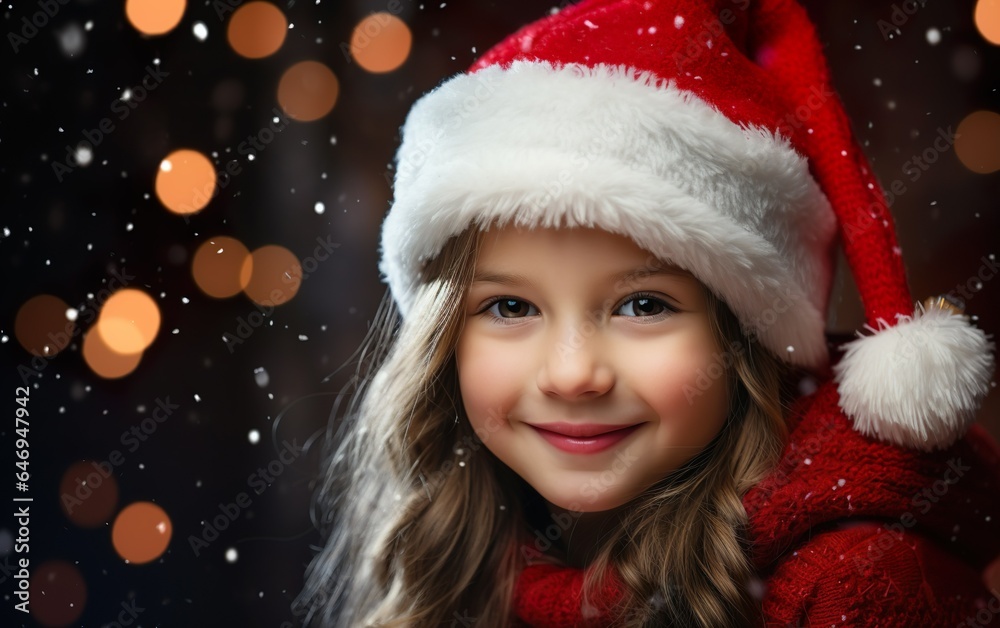 Adorable happy girl wearing Santa hat and red sweater over a blurred snowy background with snowflakes, festive lights and garlands Adorable happy girl wearing Santa hat and red sweater over a blurred snowy background with snowflakes, festive lights and garlands
