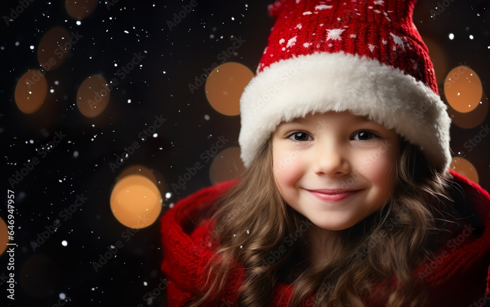 Adorable happy girl wearing Santa hat and red sweater over a blurred snowy background with snowflakes, festive lights and garlands Adorable happy girl wearing Santa hat and red sweater over a blurred snowy background with snowflakes, festive lights and garlands