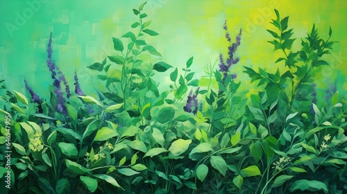 Green aromatic herbs on abstract textured background with copy space. Artistic illustration.