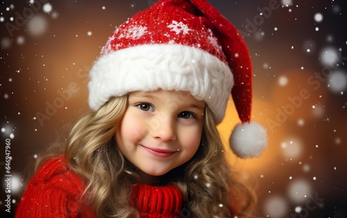 Adorable happy girl wearing Santa hat and red sweater over a blurred snowy background with snowflakes, festive lights and garlands