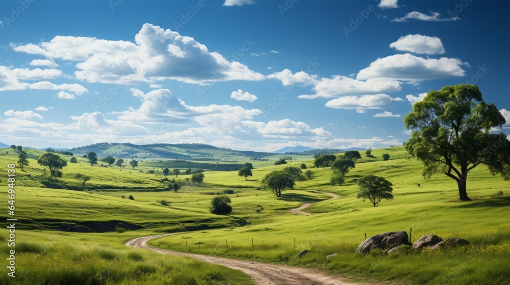 Serene Scenes: Captivating Countryside Vistas Embrace Nature's Beauty with Lush Greens, Azure Skies, and Majestic Mountains, generative AI
