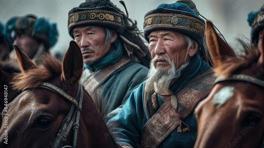 Image generated with AI. Group of Mongolian horsemen with their typical clothes.