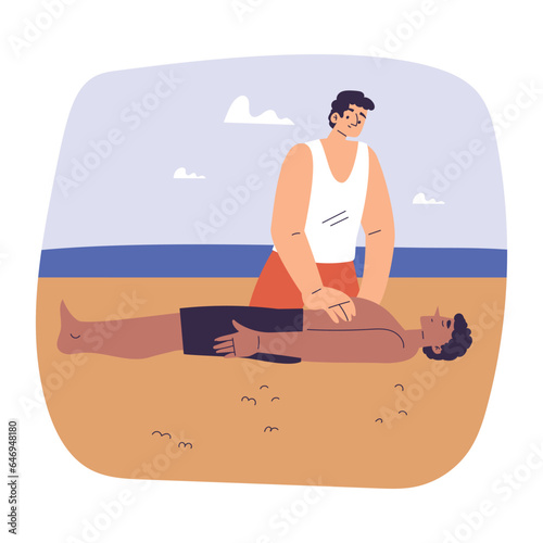 Man Beach Lifeguard Character Provide First Aid to Guy Lying in Sand Vector Illustration