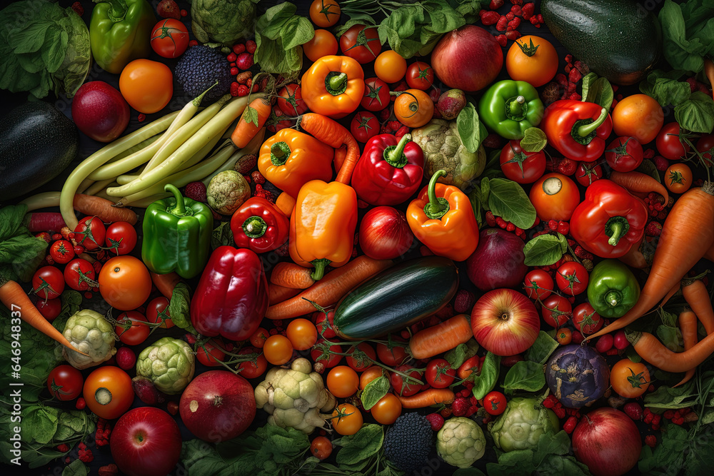 AI generated image. Many different colorful and moist vegetables on a table.