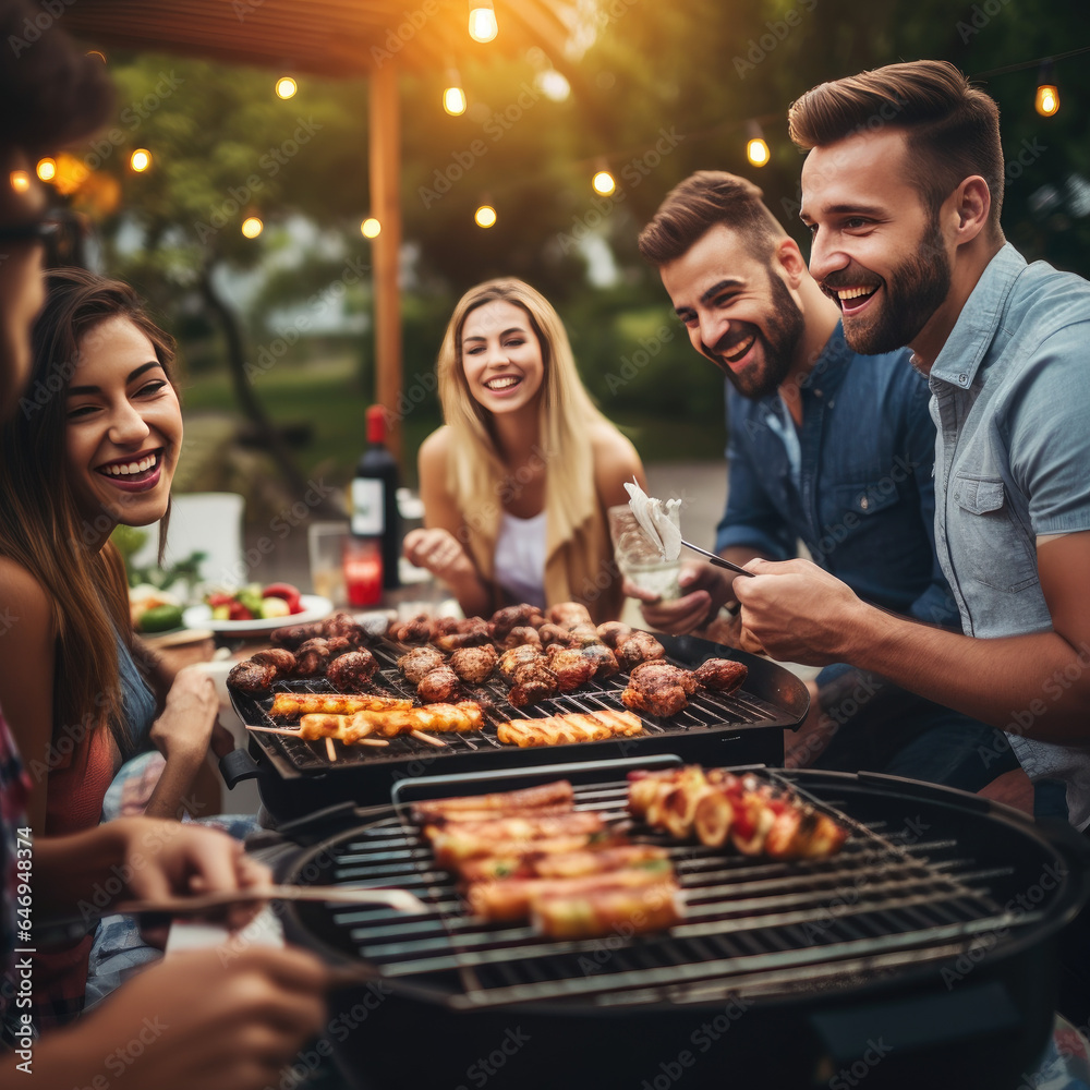 Group of friends having party outdoors. barbecue grill with food.