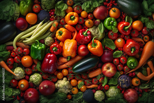 AI generated image. Many different colorful and moist vegetables on a table.