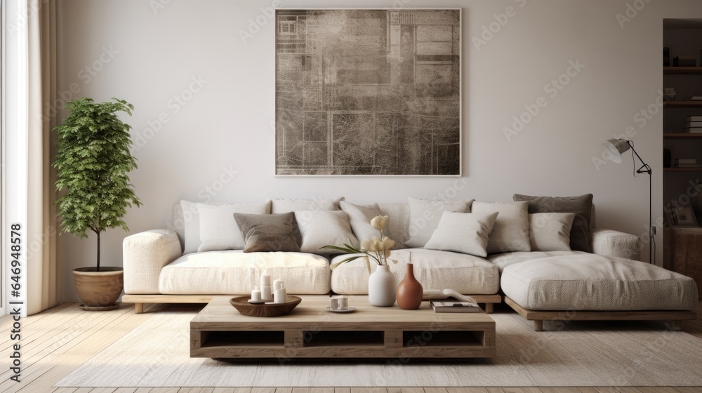 Naklejka premium Stylish living room with comfy couch and lovely wall art.