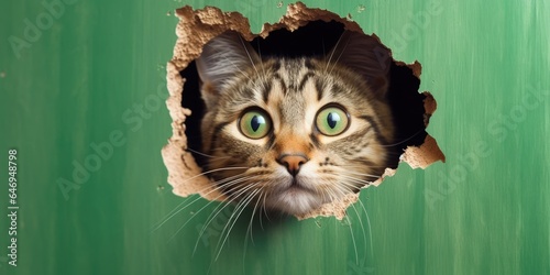 Cute Kitty peeking out of a hole in wall, torn hole, empty copy space frame, mockup. Generative AI image weber.