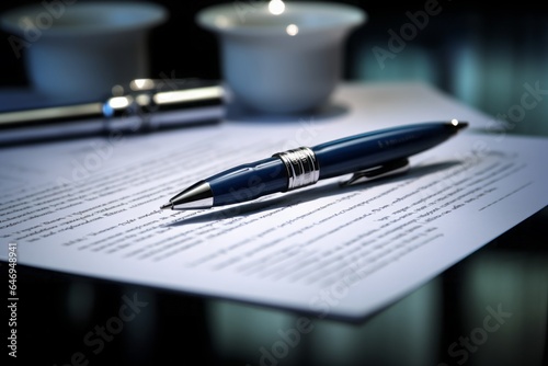 Close-Up Depiction of a Pen Filling a Form on Paper in the Style of Personal Iconography, Representing Contractual Commitments, Signatures, and Financial Transactions