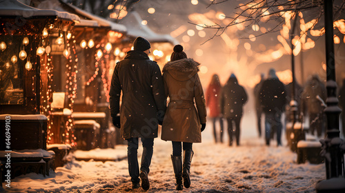 Loving couple strolling through a Christmas market in winter while it snows. Christmas background. Generative ai