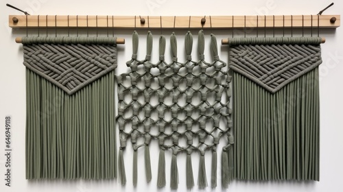 Unique green and gray macramé wall hanging with wood and glass elements on a white background.