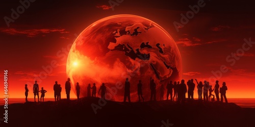 Silhouetted People Gather Around a Globe at Sunset in an Aggressive Digital Illustration, Portraying the Urgency of Global Warming, Heatwaves, and the Ongoing Climate Crisis